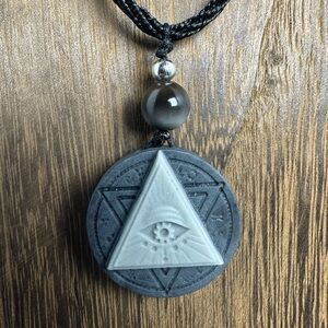 Tai Chi Stone All Seeing Eye Pendant Necklace on Black Adjustable Rope